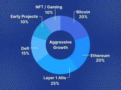 Aggressive Growth Donut chart named as Aggressive Growth shows the percentage of assets: Bitcoin 20%, Ethereum 20%, Layer 1 Alts 25%, Defi 15%, Early Projects 10%, NFT/Gamin 10%