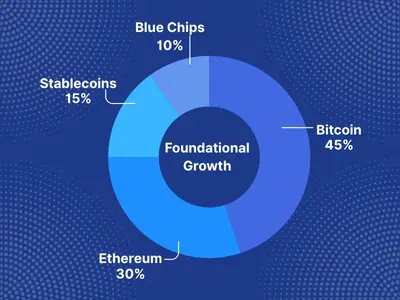 Foundational Growth Donut chart named as Foundational Growth shows the percentage of assets: Bitcoin 45%, Ethereum 30%, Blue Chips 10%, Stablecoins 15%