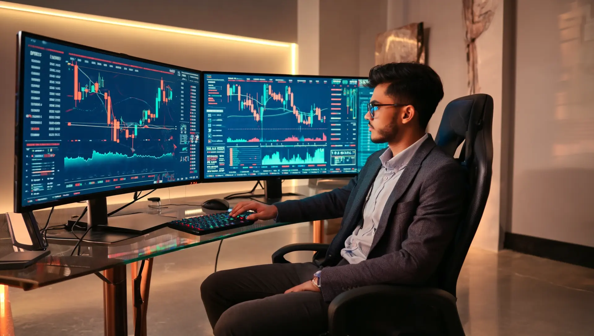 Usama Sagheer - Portoforge Founder Founder of Portoforge, Usama Sagheer sitting in his office, looking at the crypto trading charts on his two big screens